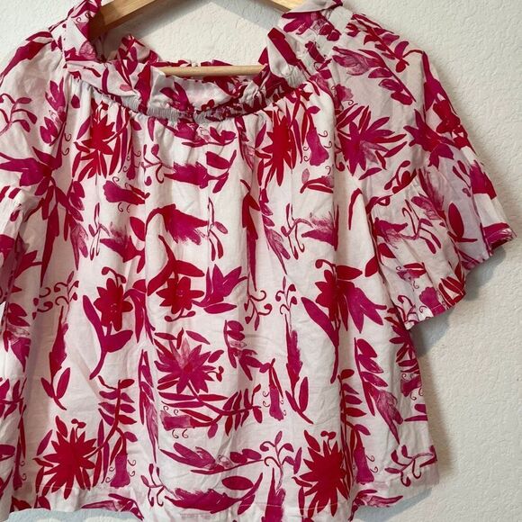 Brooke Wright Pink Red Floral Short Flare Sleeve Blouse Women's Size XS/Small - Picture 2 of 6